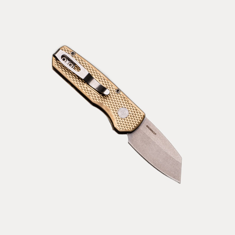 Pro-Tech Knives Runt 5 Limited – Textured Bronze AL Handle – MOP Button – Stonewash Magnacut Reverse Tanto Blade