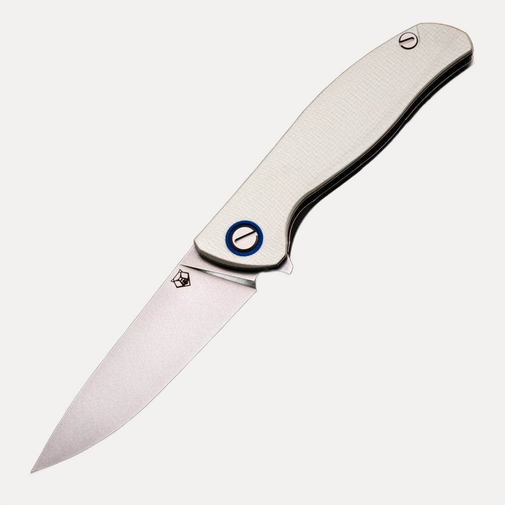 SHIROGOROV F3 – CTS40-CP FULL FLAT GRIND BLADE – WHITE G10 HANDLE W- BLUE G10 ACCENTS – SRBS