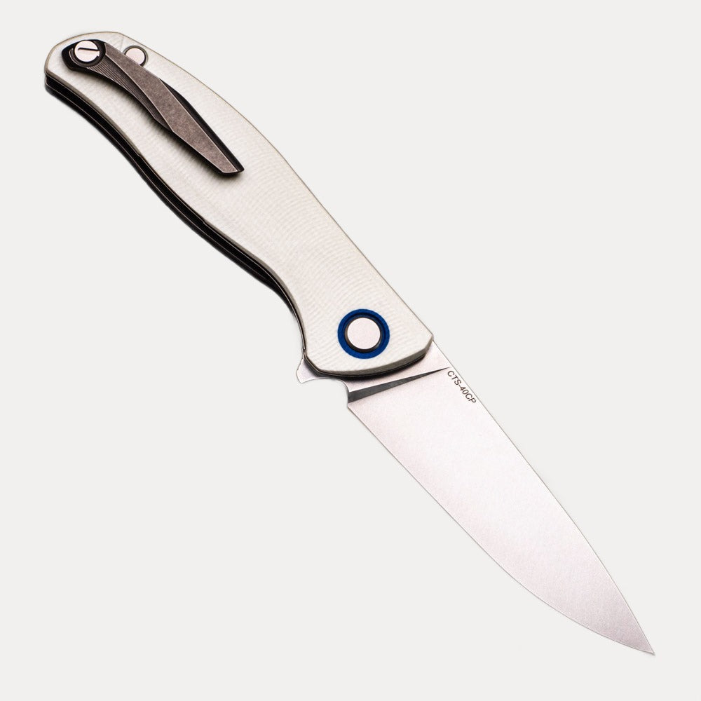 SHIROGOROV F3 – CTS40-CP FULL FLAT GRIND BLADE – WHITE G10 HANDLE W- BLUE G10 ACCENTS – SRBS