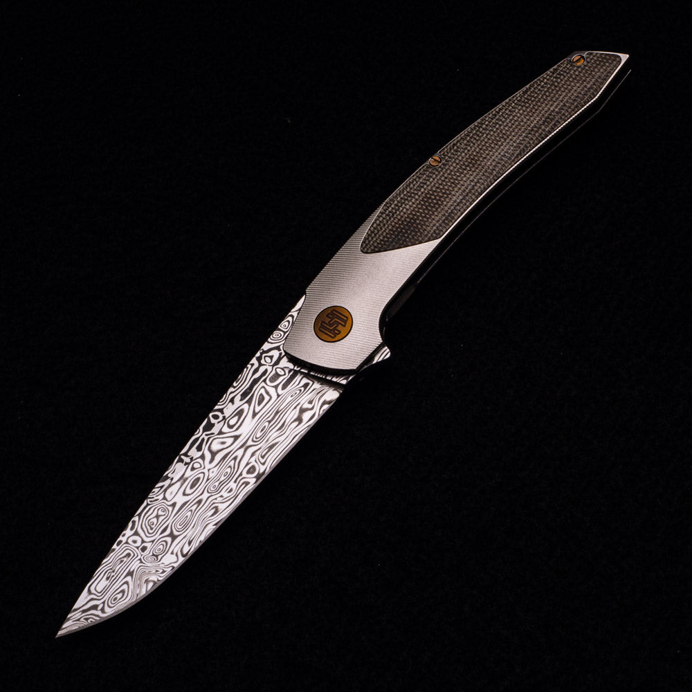 Hog House Knives Model T – Damasteel Blade – TI W- Bronze – Green Micarta Inlay