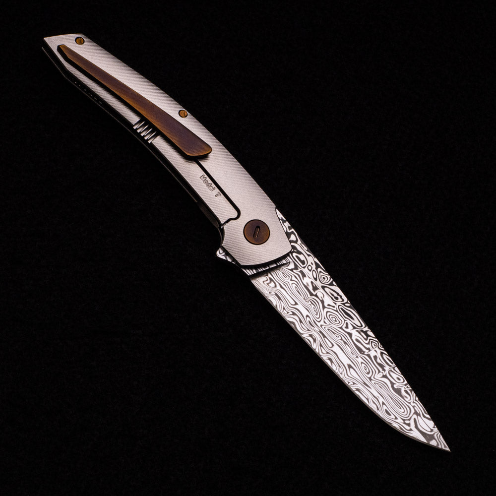 Hog House Knives Model T – Damasteel Blade – TI W- Bronze – Green Micarta Inlay