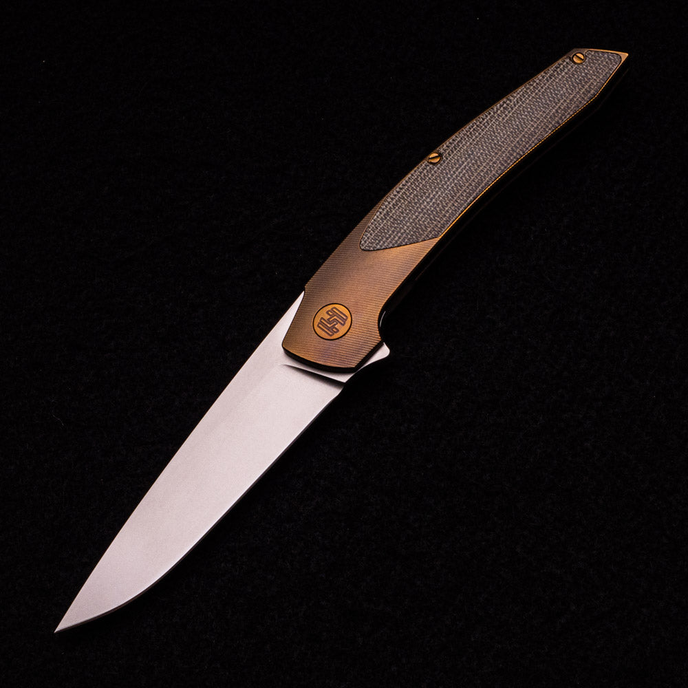 Hog House Knives Model T – RWL-34 Blade – Bronze TI W- Bronze – Green Micarta Inlay