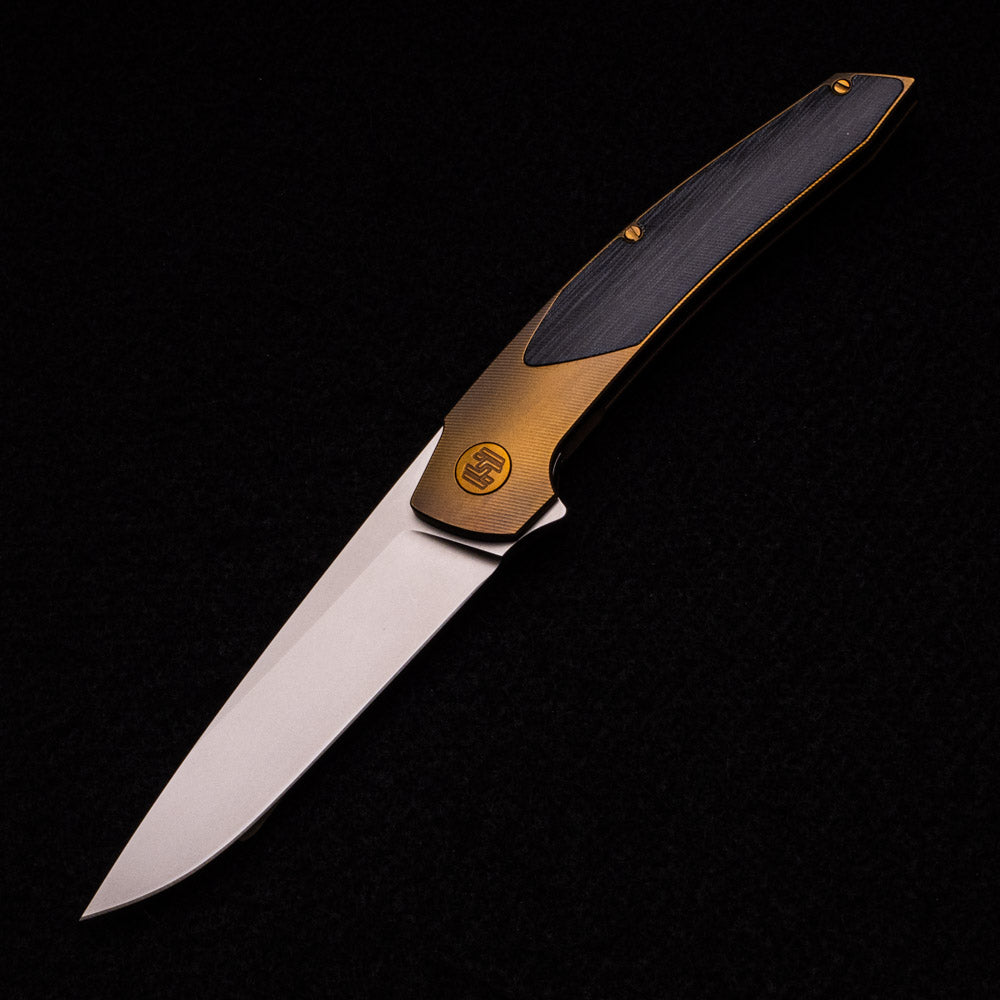 Hog House Knives Model T – RWL-34 Blade – Bronze TI W- Bronze – Black Micarta Inlay