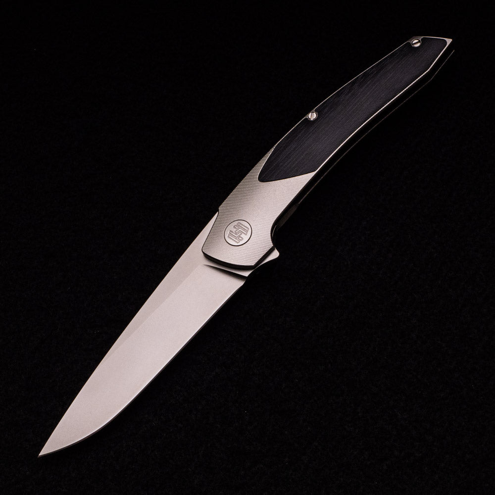 Hog House Knives Model T – RWL-34 Blade – TI W- Silver – Black Micarta Inlay