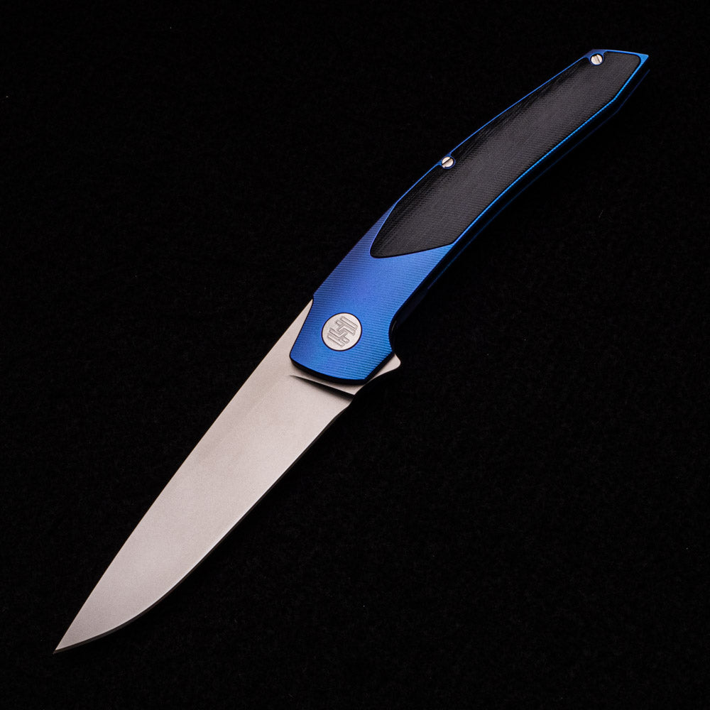 Hog House Knives Model T – RWL-34 Blade – Blue TI W- Silver – Black Micarta Inlay