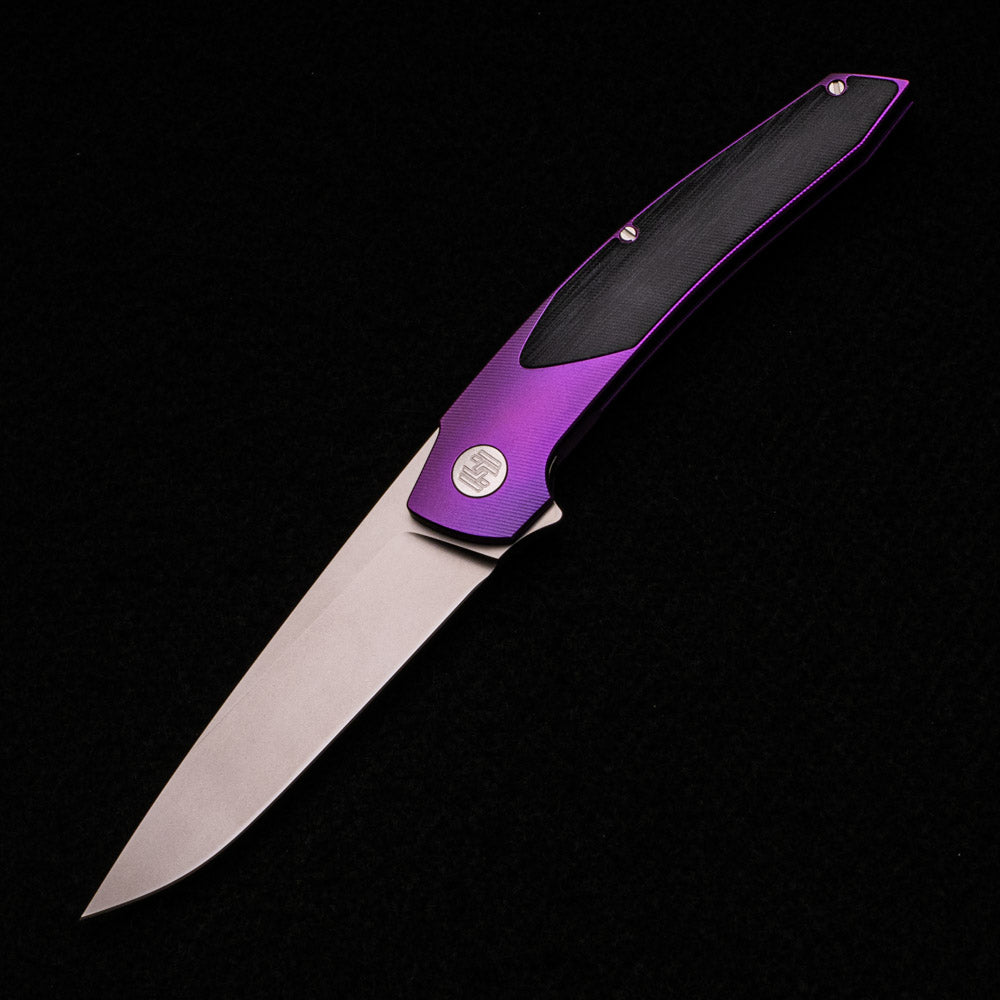 Hog House Knives Model T – RWL-34 Blade – Purple TI W- Silver – Black Micarta Inlay