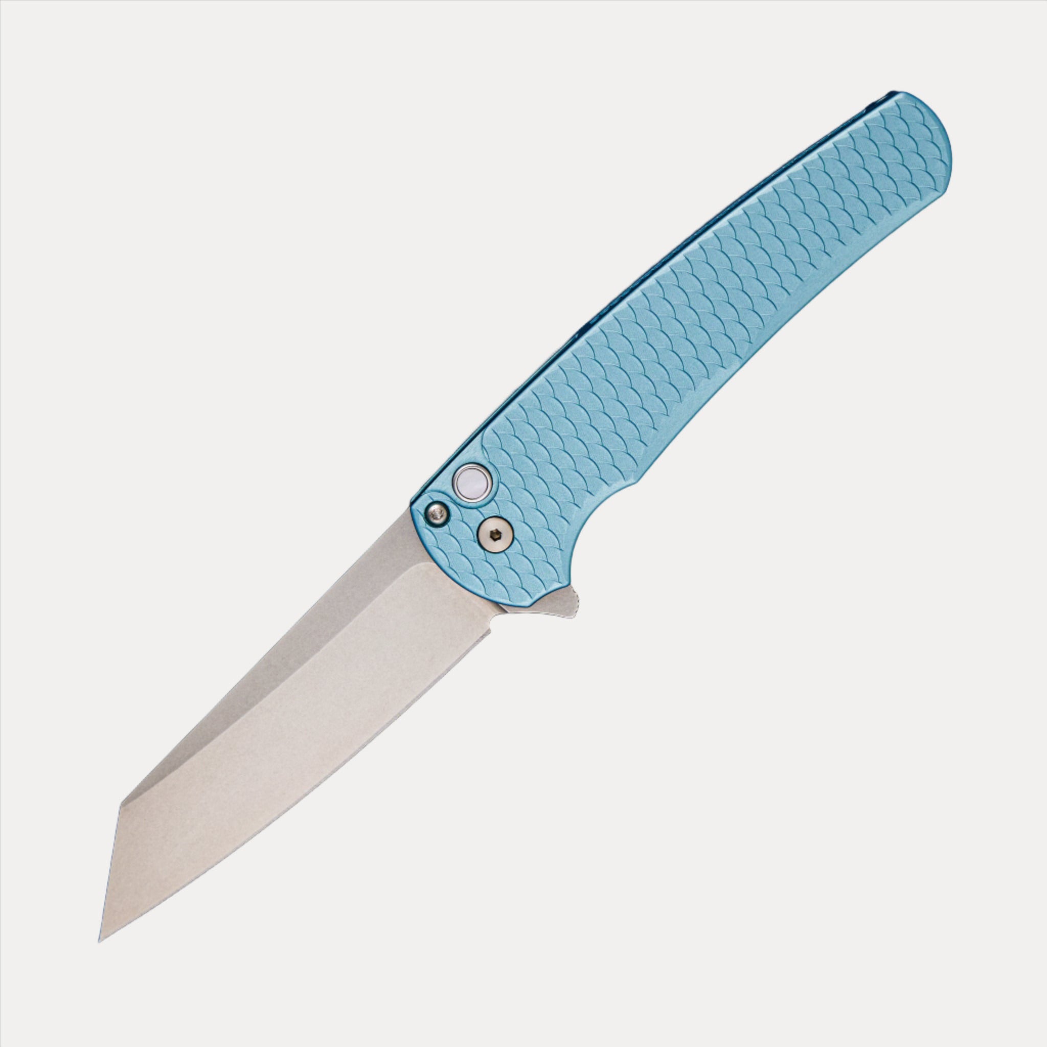 Pro-Tech Knives CCKS Fall 2023 Malibu Exclusive – Tiff. Blue Dragonscale Al Handles – Stonewash 20CV Blade – Pearl Button