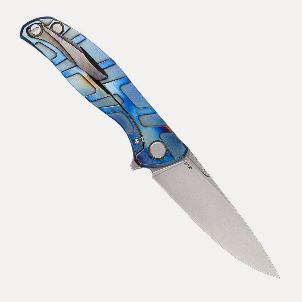 Shirogorov F95 T Pattern – Flame Ano Titanium Handle – M390 Blade – MRBS