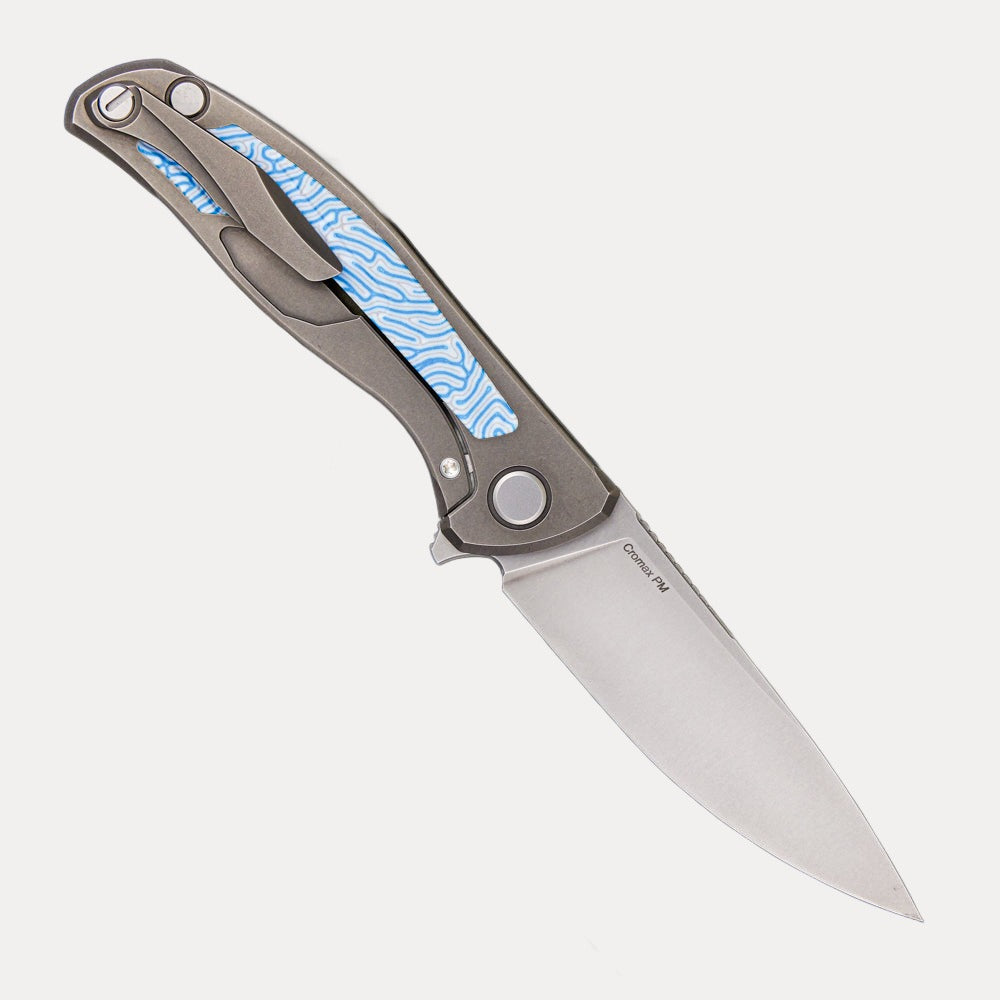 SHIROGOROV F95NL – CROMAX PM BLADE – STONEWASHED TITANIUM HANDLE W/ BLUE CRAZY MICARTA INLAY- SRBS