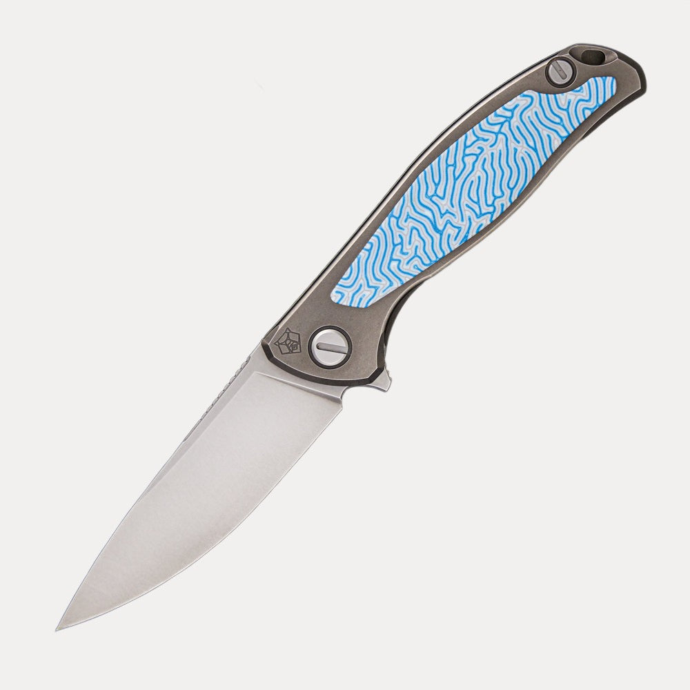 SHIROGOROV F95NL – CROMAX PM BLADE – STONEWASHED TITANIUM HANDLE W/ BLUE CRAZY MICARTA INLAY- SRBS