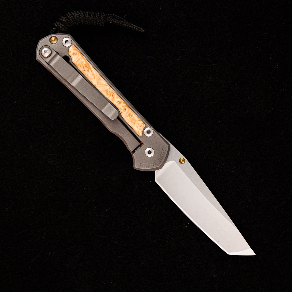 CHRIS REEVE SMALL SEBENZA 31 BOX ELDER INLAY – CPM MAGNACUT TANTO BLADE – GOLD SINGLE THUMB LUG