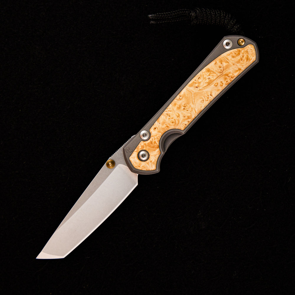 CHRIS REEVE SMALL SEBENZA 31 BOX ELDER INLAY – CPM MAGNACUT TANTO BLADE – GOLD SINGLE THUMB LUG