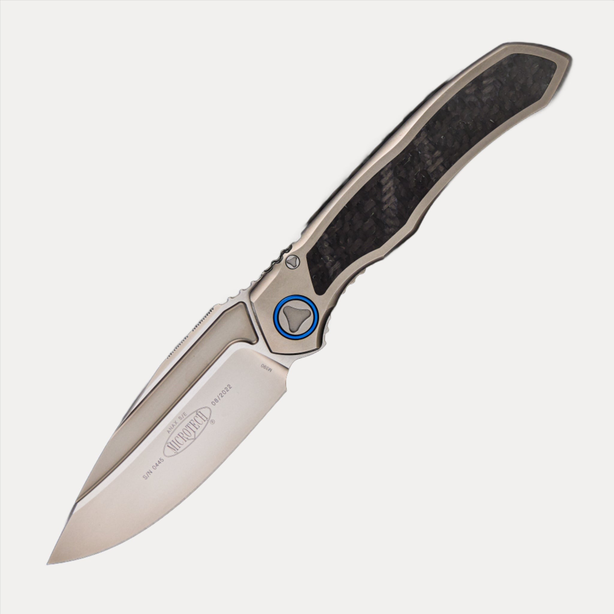 Microtech Anax – S/E Titanium Handle Bead Blast Standard Blue Titanium Pivot Collar Carbon Fiber Inlay 190C-7 CFITI