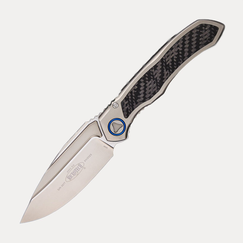 Microtech Anax – S/E Titanium Handle Bead Blast Standard Blue Titanium Pivot Collar Carbon Fiber Inlay 190C-7 CFITI