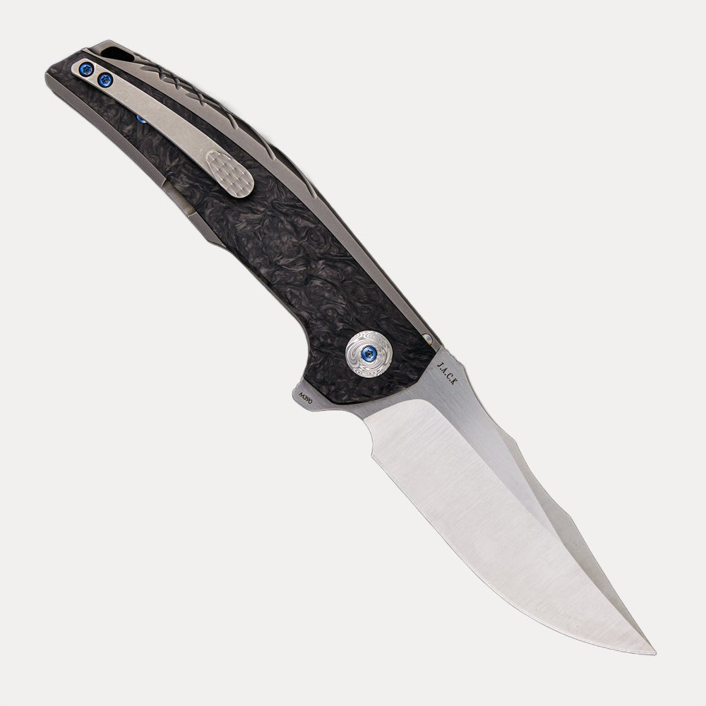 Reate Jack – Satin M390 Blade – Gray Titanium/Marble Carbon Fiber Handle