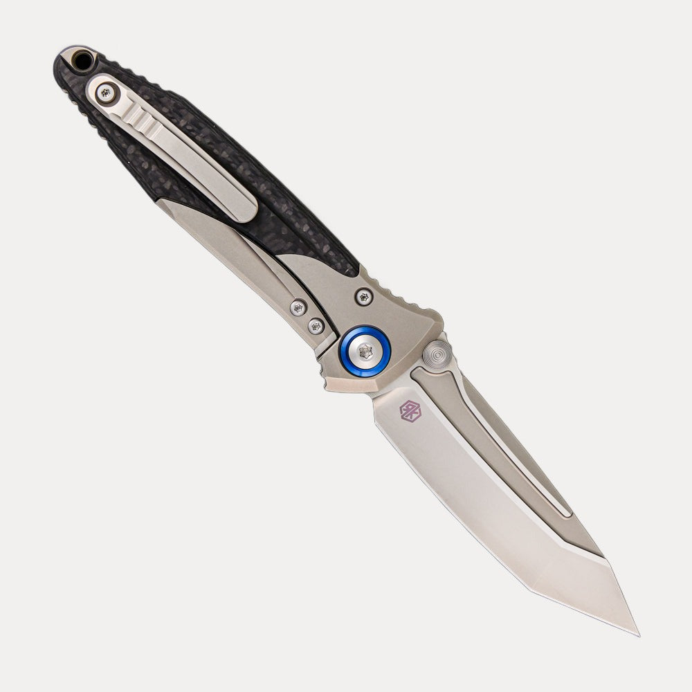 Microtech Socom Bravo – T/E Titanium Handle Bead Blast Standard Blue Titanium Pivot Collar Carbon Fiber Scales 261-7 CFTI