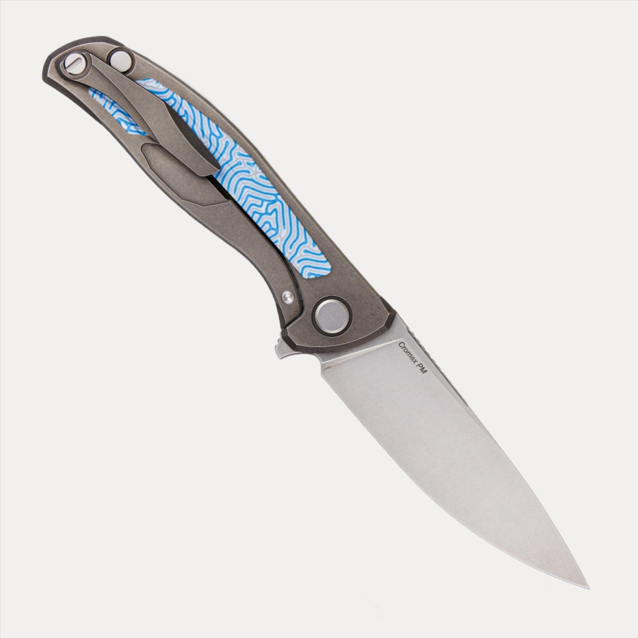 SHIROGOROV F95NL – CROMAX PM BLADE – STONEWASHED TITANIUM HANDLE W/ BLUE CRAZY MICARTA INLAY- SRBS