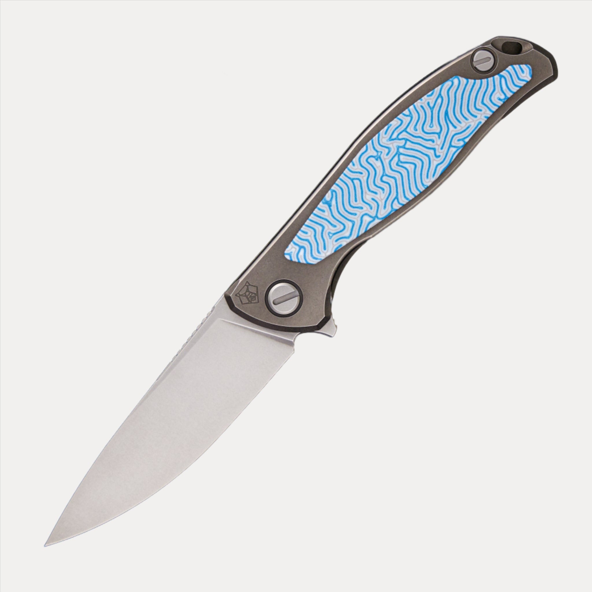 SHIROGOROV F95NL – CROMAX PM BLADE – STONEWASHED TITANIUM HANDLE W/ BLUE CRAZY MICARTA INLAY- SRBS