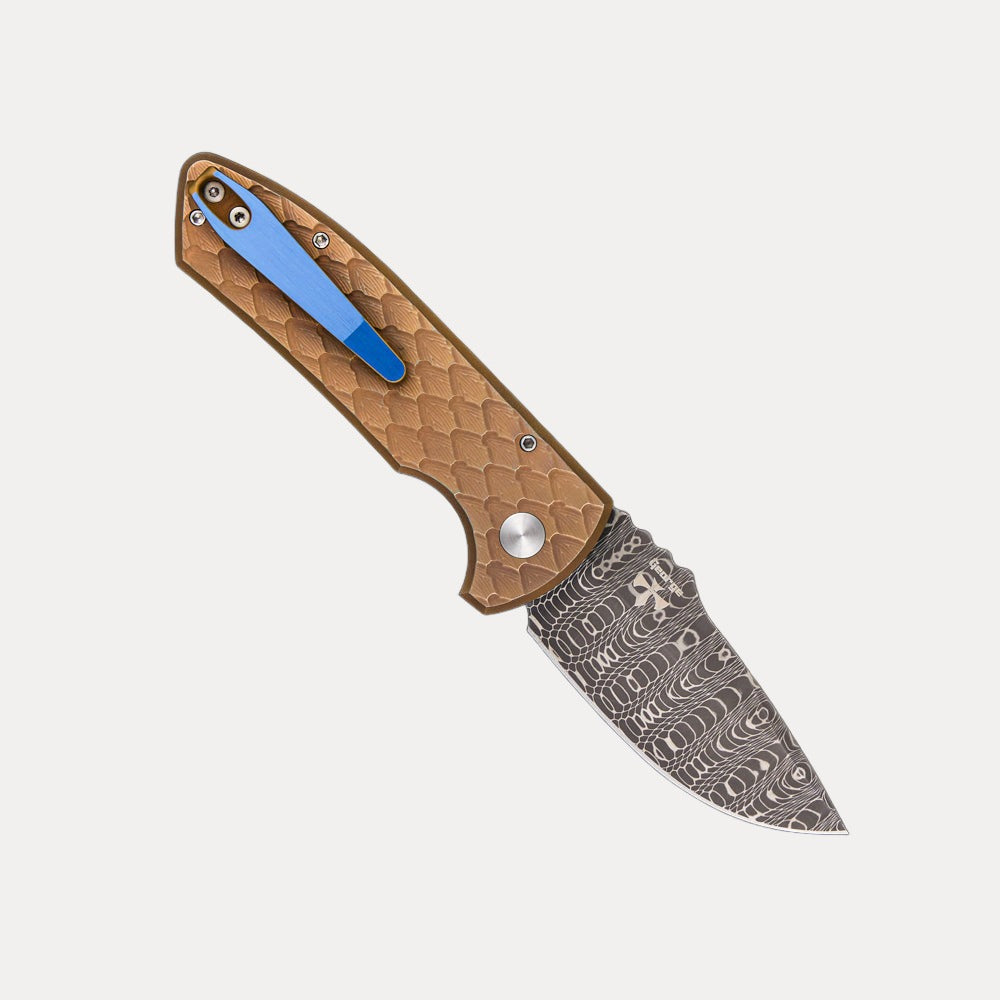 Pro-Tech Knives SBR – 2023.SBR.005 – Titanium Custom “Double Feather Textured” – Titanium Handle Bronze/Blue Anodize – Pearl Button – Vegas Forge Blade – #34 Of 50