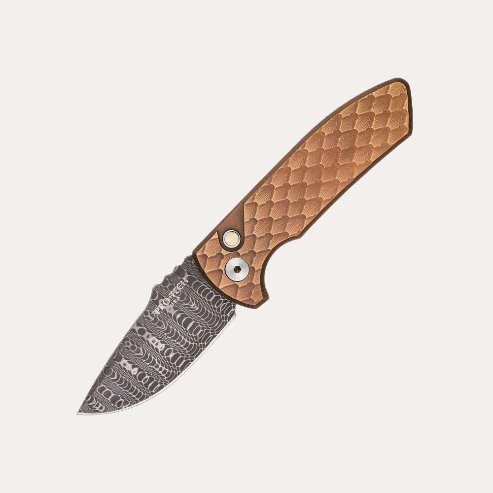 Pro-Tech Knives SBR – 2023.SBR.005 – Titanium Custom “Double Feather Textured” – Titanium Handle Bronze/Blue Anodize – Pearl Button – Vegas Forge Blade – #34 Of 50