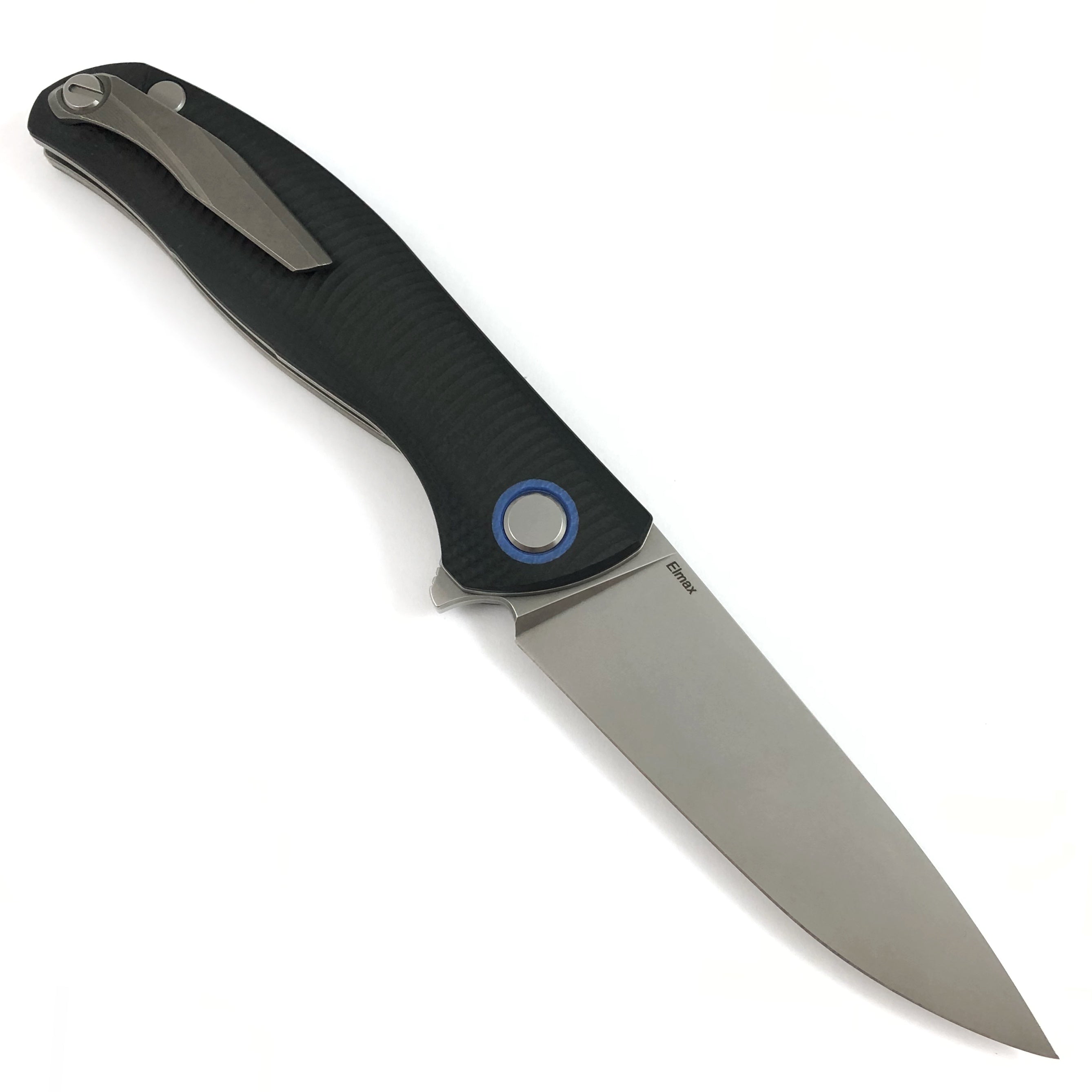 SHIROGOROV F3 - ELMAX full flat grind blade - black g10 handle w- blue accents- SRB