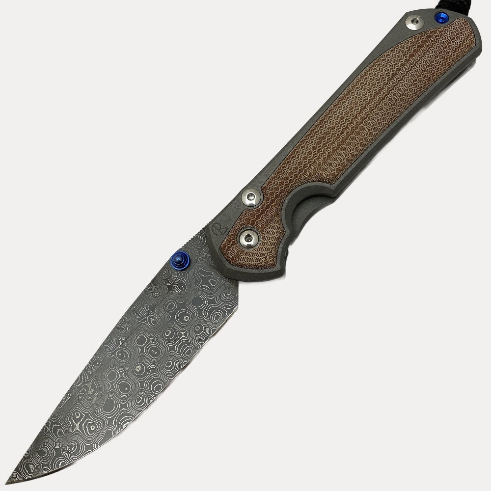 CHRIS REEVE LARGE SEBENZA 31 NATURAL CANVAS MICARTA INLAY RAINDROP BLADE - BLUE DOUBLE THUMB LUGS