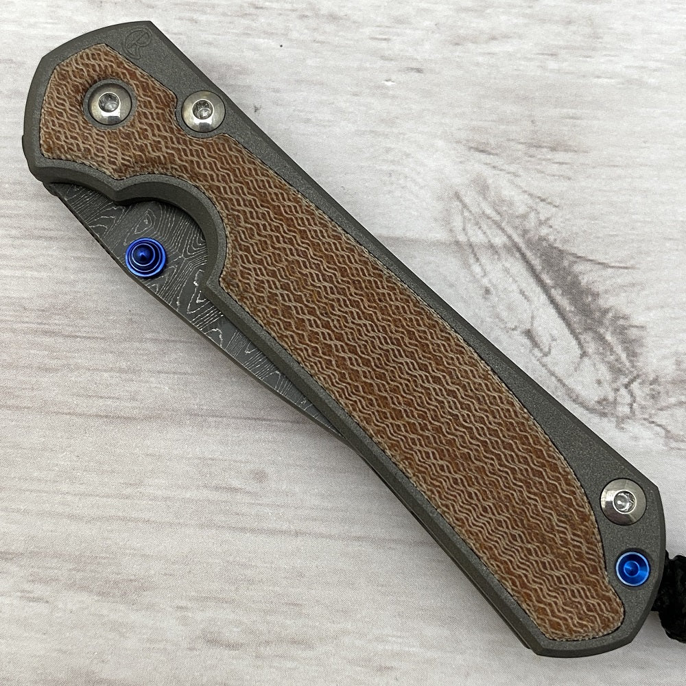 CHRIS REEVE SMALL SEBENZA 31 NATURAL CANVAS MICARTA INLAY - LADDER BLADE - BLUE DOUBLE THUMB LUGS