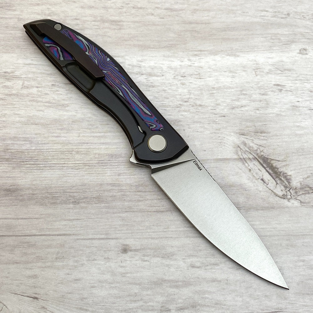 Shirogorov NeOn NL – ELMAX BLADE – TITANIUM HANDLE W- PURPLE MICARTA INLAY – MRBS