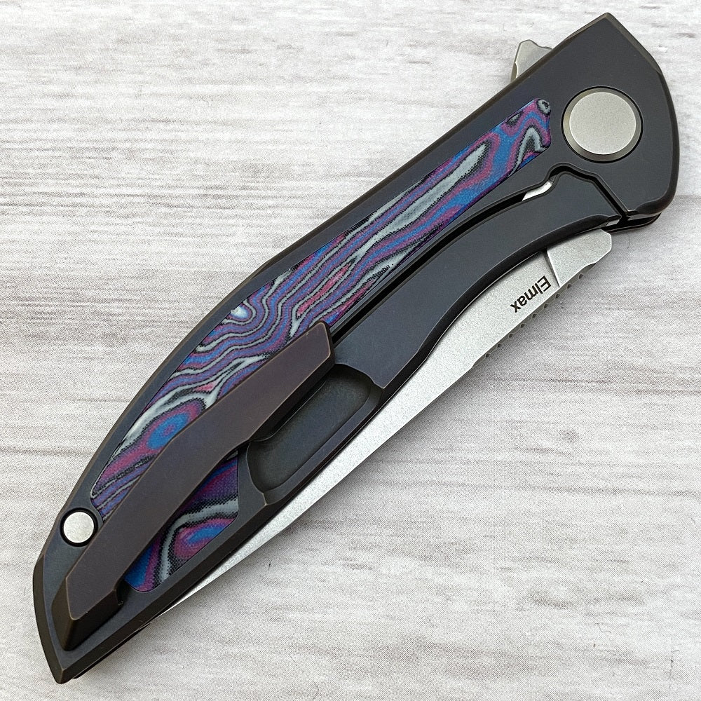 Shirogorov NeOn NL – ELMAX BLADE – TITANIUM HANDLE W- PURPLE MICARTA INLAY – MRBS