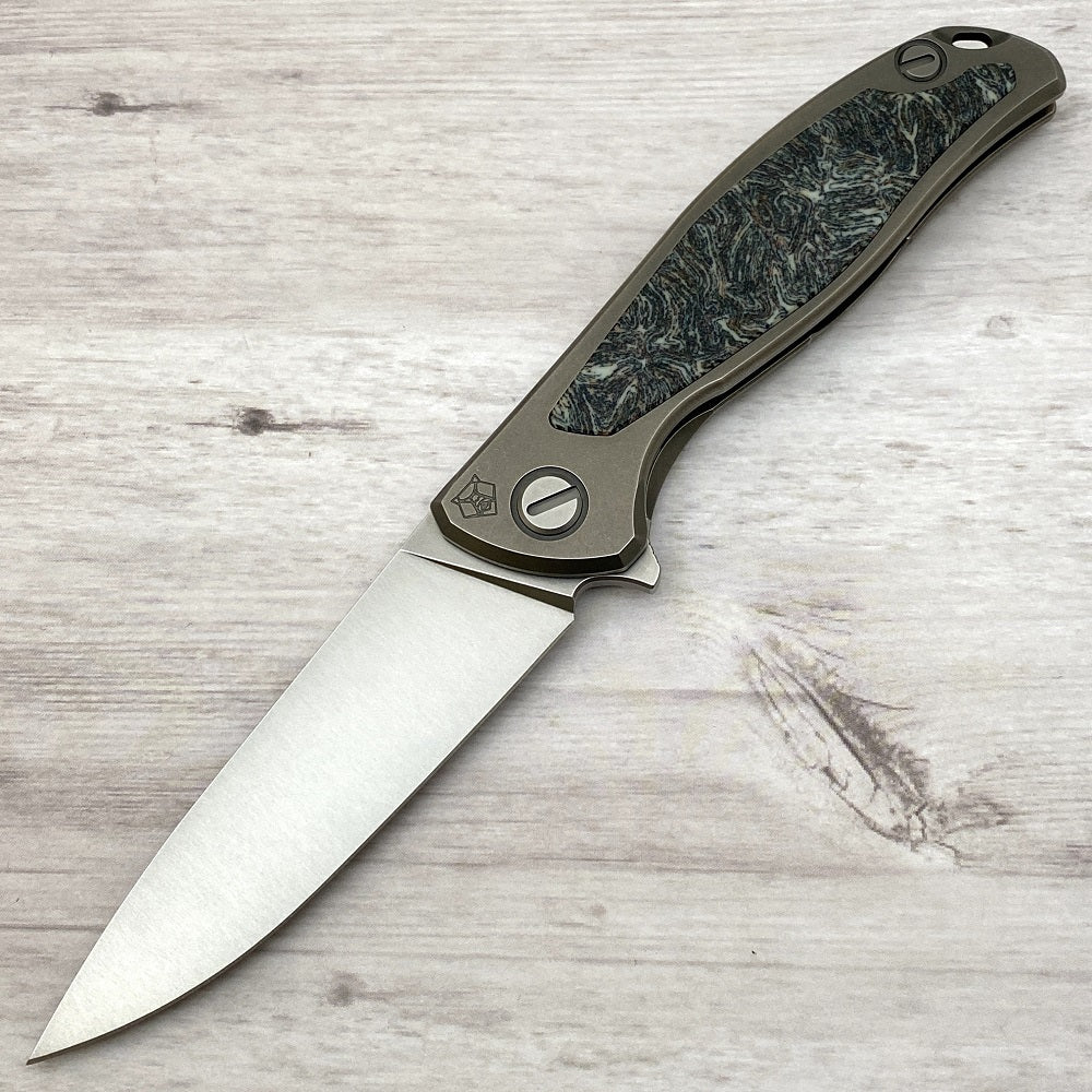 SHIROGOROV F95NL - ELMAX BLADE - STONEWASHED TITANIUM HANDLE W- DARK CRAZY MICARTA INLAY- SRB