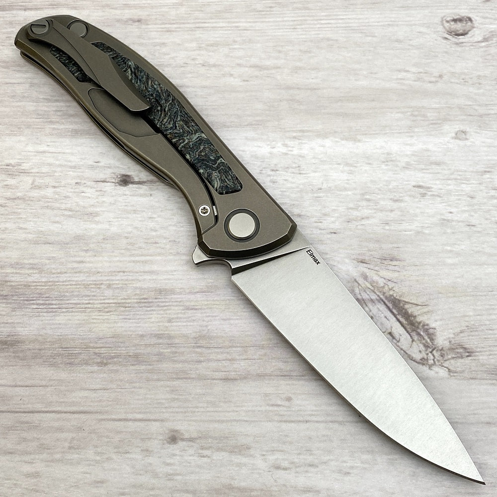 SHIROGOROV F95NL - ELMAX BLADE - STONEWASHED TITANIUM HANDLE W- DARK CRAZY MICARTA INLAY- SRB