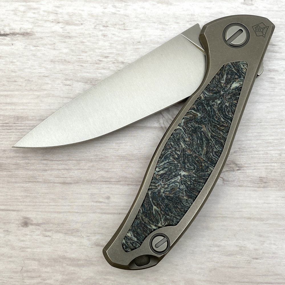 SHIROGOROV F95NL - ELMAX BLADE - STONEWASHED TITANIUM HANDLE W- DARK CRAZY MICARTA INLAY- SRB