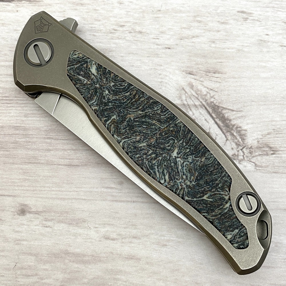 SHIROGOROV F95NL - ELMAX BLADE - STONEWASHED TITANIUM HANDLE W- DARK CRAZY MICARTA INLAY- SRB