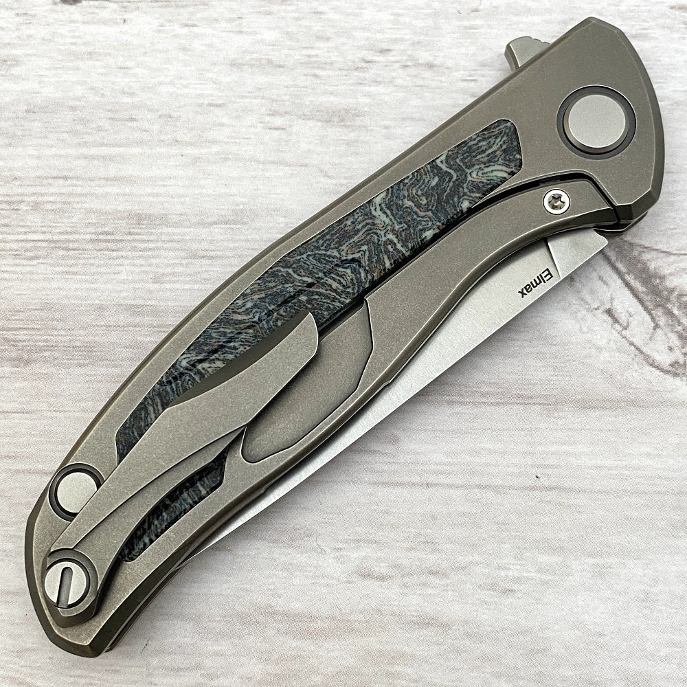 SHIROGOROV F95NL - ELMAX BLADE - STONEWASHED TITANIUM HANDLE W- DARK CRAZY MICARTA INLAY- SRB