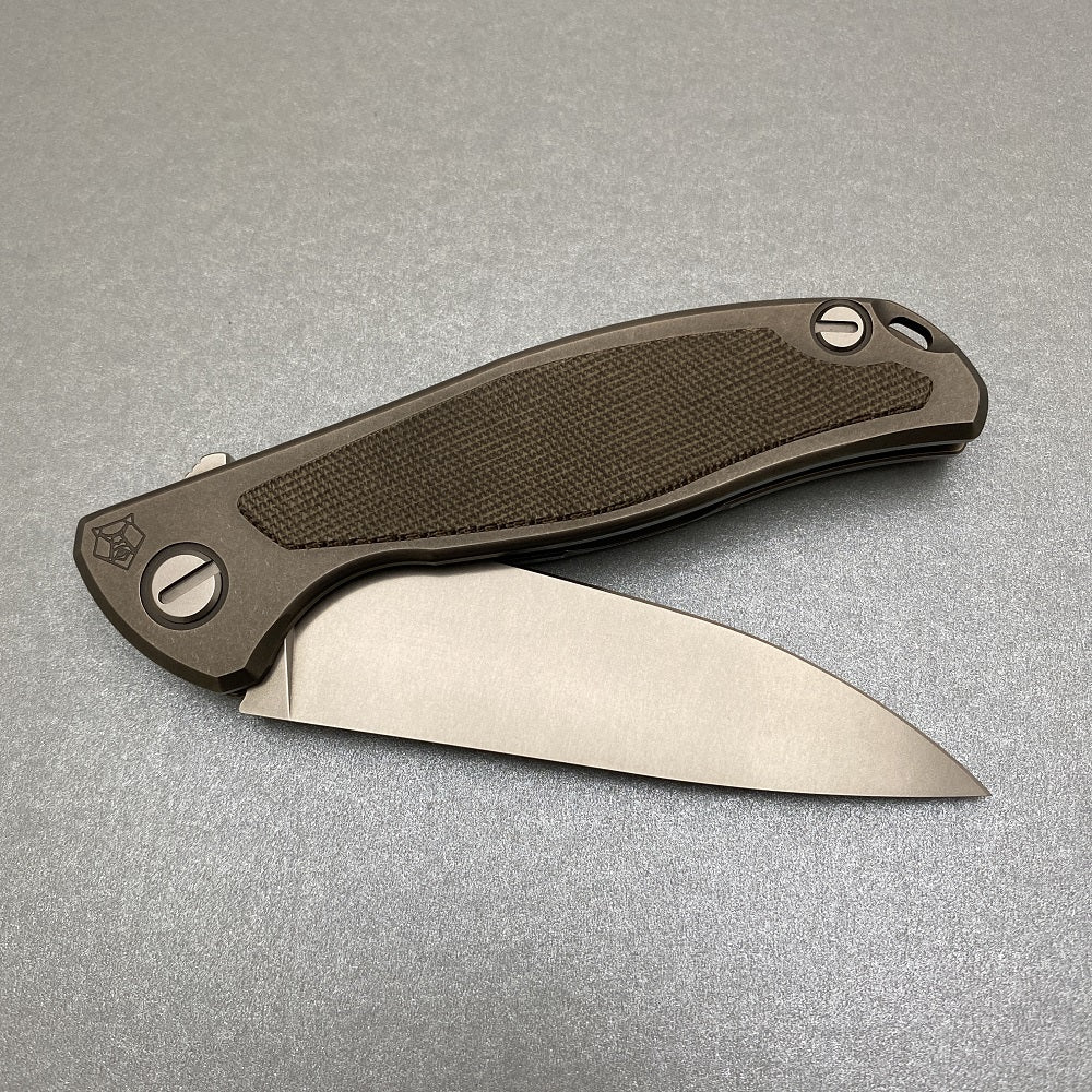 SHIROGOROV F95NL - ELMAX BLADE - STONEWASHED TITANIUM HANDLE W- GREEN CANVAS MICARTA INLAY- SRB