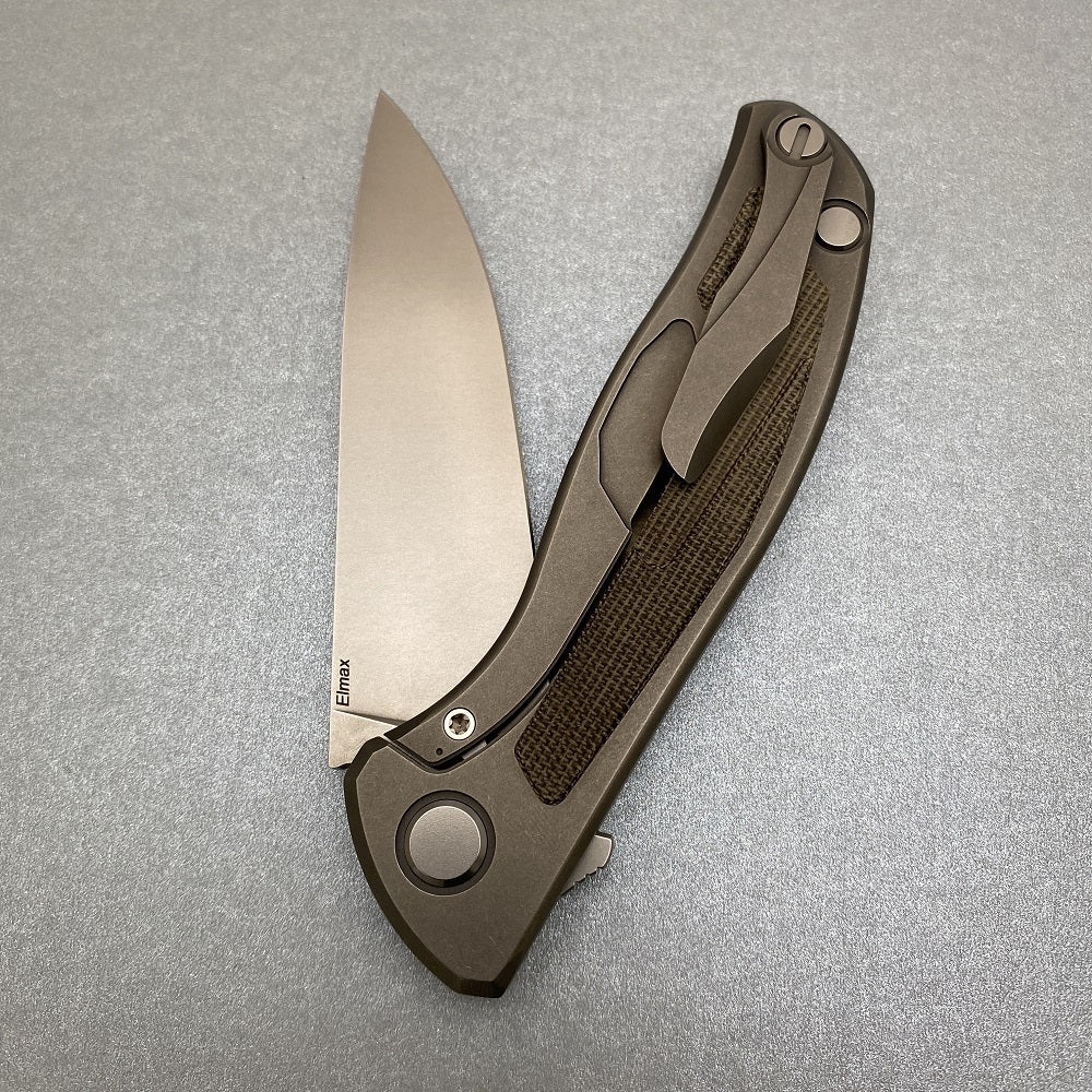 SHIROGOROV F95NL - ELMAX BLADE - STONEWASHED TITANIUM HANDLE W- GREEN CANVAS MICARTA INLAY- SRB