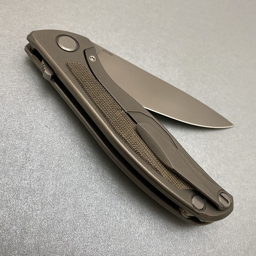 SHIROGOROV F95NL - ELMAX BLADE - STONEWASHED TITANIUM HANDLE W- GREEN CANVAS MICARTA INLAY- SRB