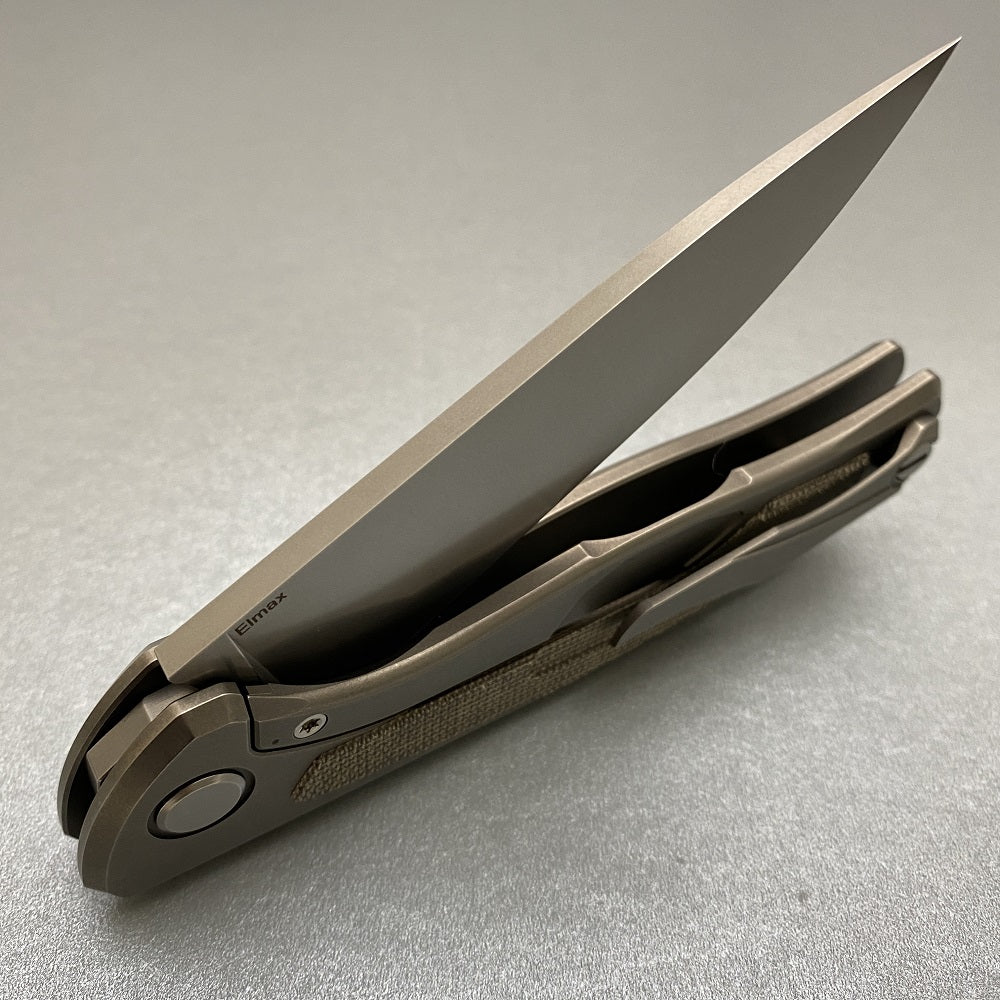 SHIROGOROV F95NL - ELMAX BLADE - STONEWASHED TITANIUM HANDLE W- GREEN CANVAS MICARTA INLAY- SRB