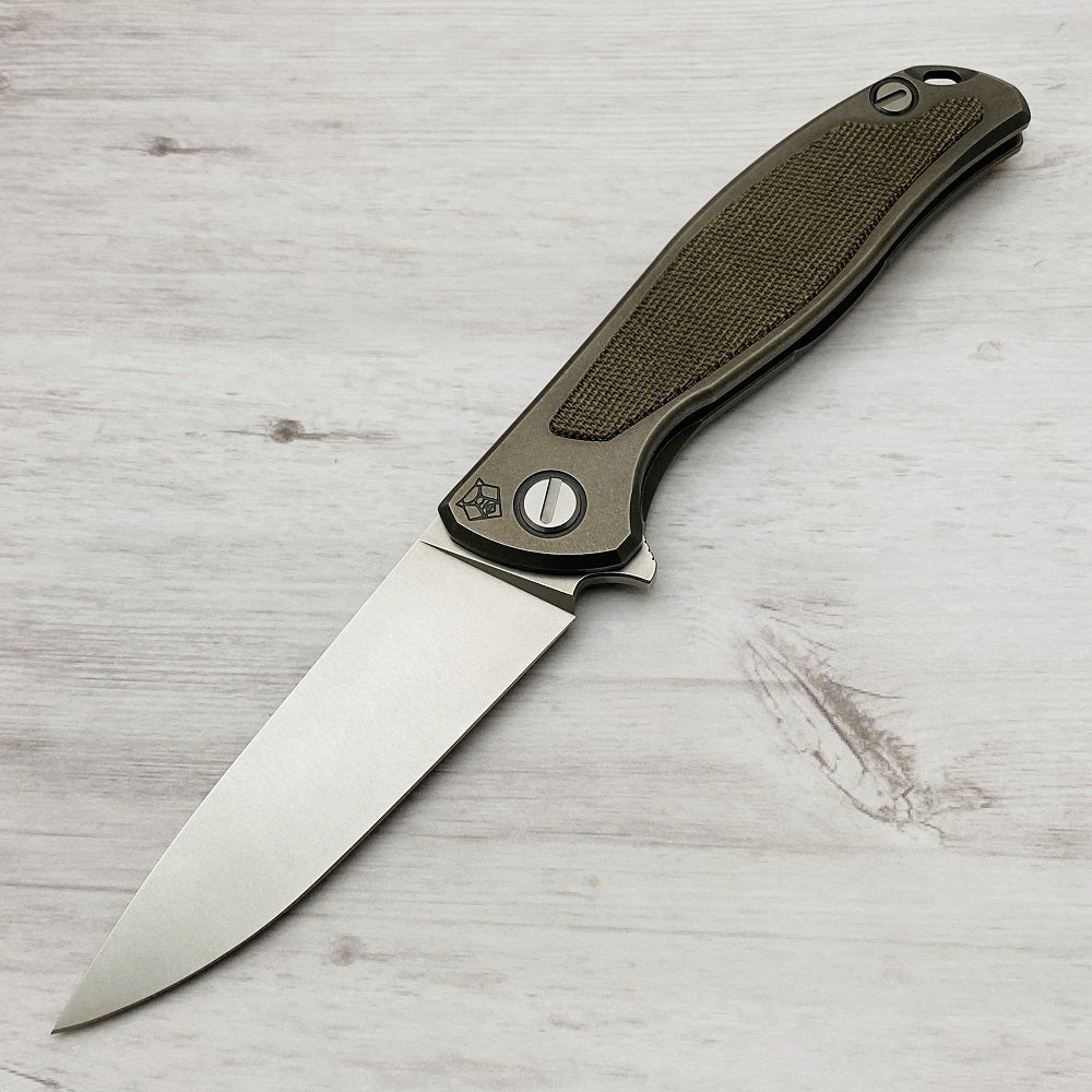 SHIROGOROV F95NL - ELMAX BLADE - STONEWASHED TITANIUM HANDLE W- GREEN CANVAS MICARTA INLAY- SRB