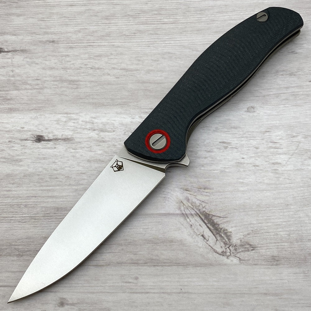 SHIROGOROV F3 - ELMAX FULL FLAT GRIND BLADE - GRAY G10 HANDLE W- RED ACCENTS - SRB