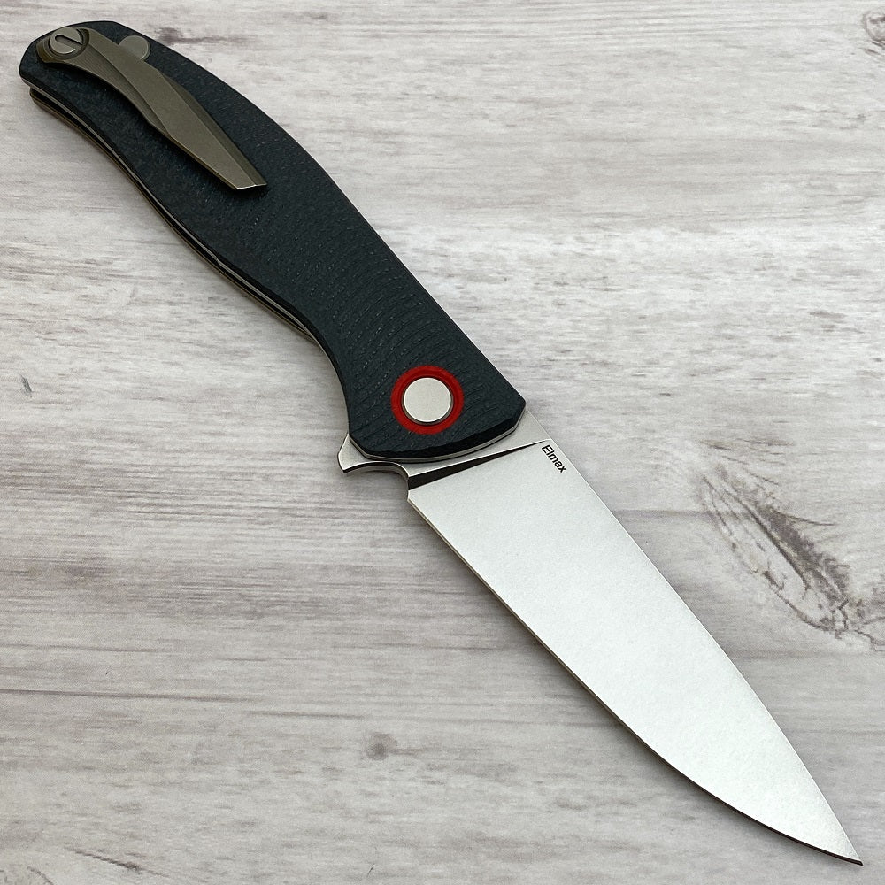 SHIROGOROV F3 - ELMAX FULL FLAT GRIND BLADE - GRAY G10 HANDLE W- RED ACCENTS - SRB