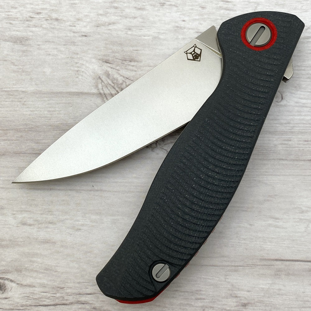 SHIROGOROV F3 - ELMAX FULL FLAT GRIND BLADE - GRAY G10 HANDLE W- RED ACCENTS - SRB