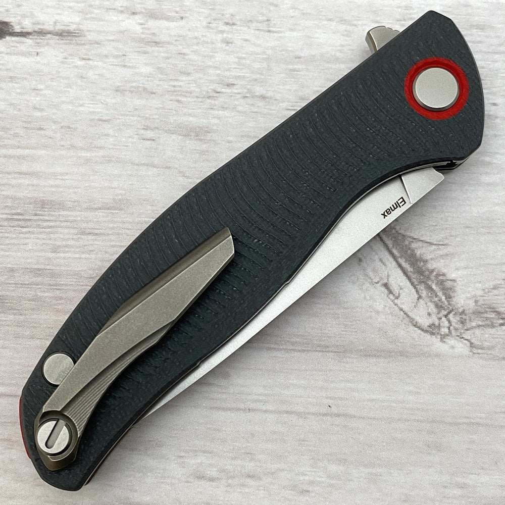 SHIROGOROV F3 - ELMAX FULL FLAT GRIND BLADE - GRAY G10 HANDLE W- RED ACCENTS - SRB