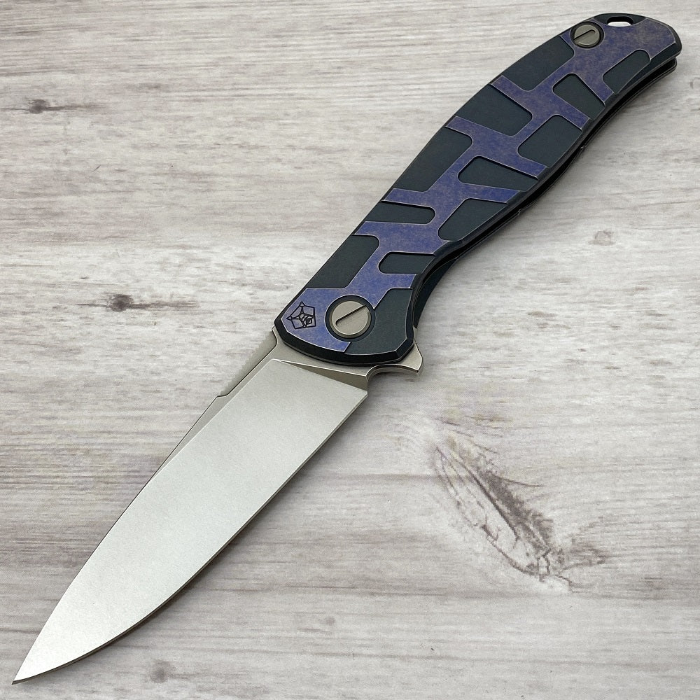 SHIROGOROV F95 "T" PATTERN - M390 BLADE - TITANIUM HANDLE W- SATIN FLATS - BLUE - MRBS