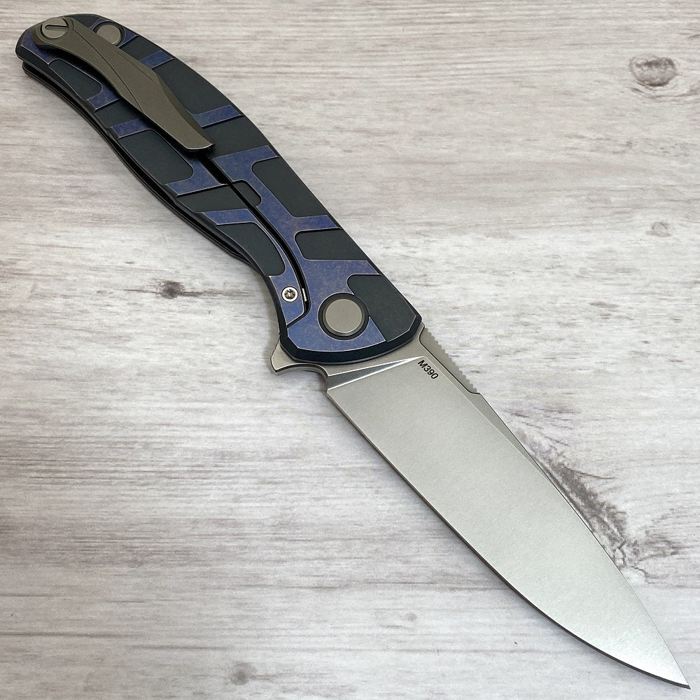 SHIROGOROV F95 "T" PATTERN - M390 BLADE - TITANIUM HANDLE W- SATIN FLATS - BLUE - MRBS