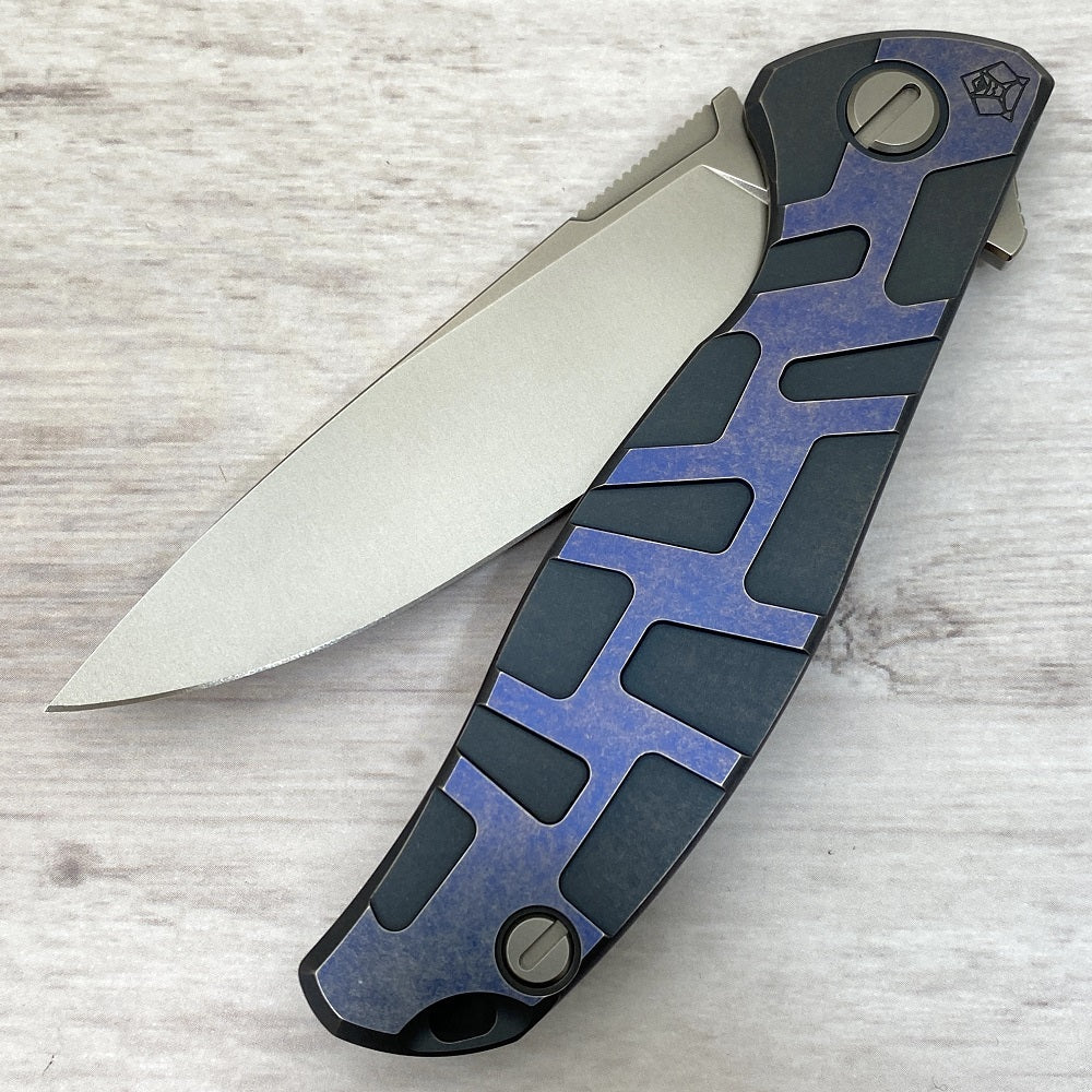 SHIROGOROV F95 "T" PATTERN - M390 BLADE - TITANIUM HANDLE W- SATIN FLATS - BLUE - MRBS