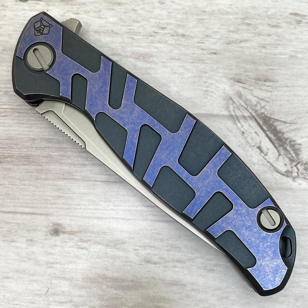 SHIROGOROV F95 "T" PATTERN - M390 BLADE - TITANIUM HANDLE W- SATIN FLATS - BLUE - MRBS