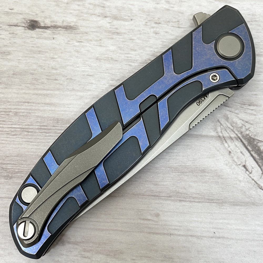 SHIROGOROV F95 "T" PATTERN - M390 BLADE - TITANIUM HANDLE W- SATIN FLATS - BLUE - MRBS