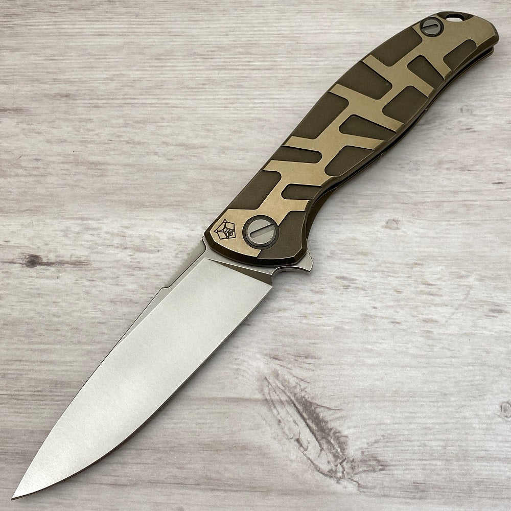 SHIROGOROV F95 "T" PATTERN - M390 BLADE - TITANIUM HANDLE W- SATIN FLATS - BRONZE - MRBS