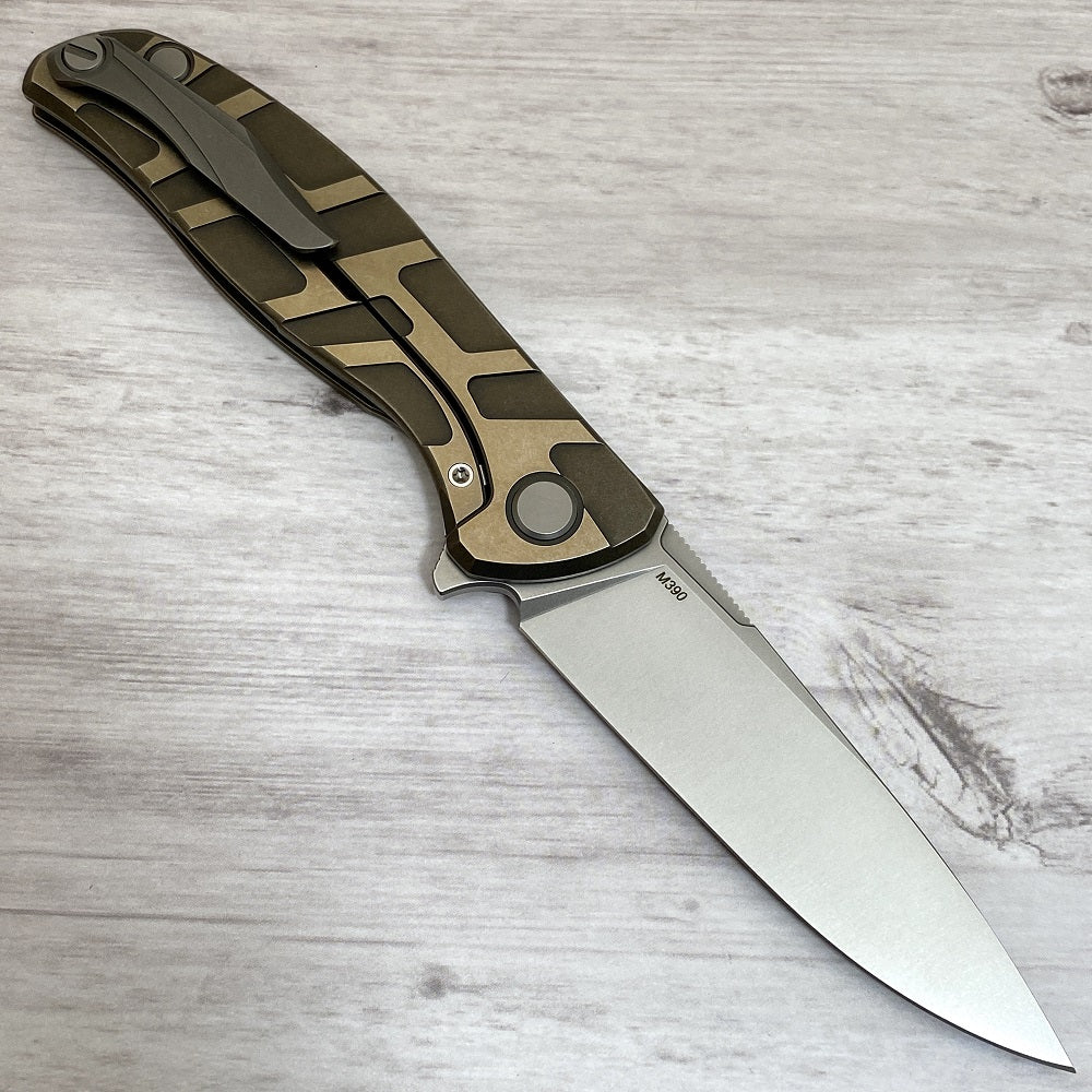 SHIROGOROV F95 "T" PATTERN - M390 BLADE - TITANIUM HANDLE W- SATIN FLATS - BRONZE - MRBS